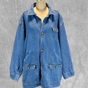 VINTAGE 80s funky denim jean jacket barn coat utility field cargo 100% cotton L